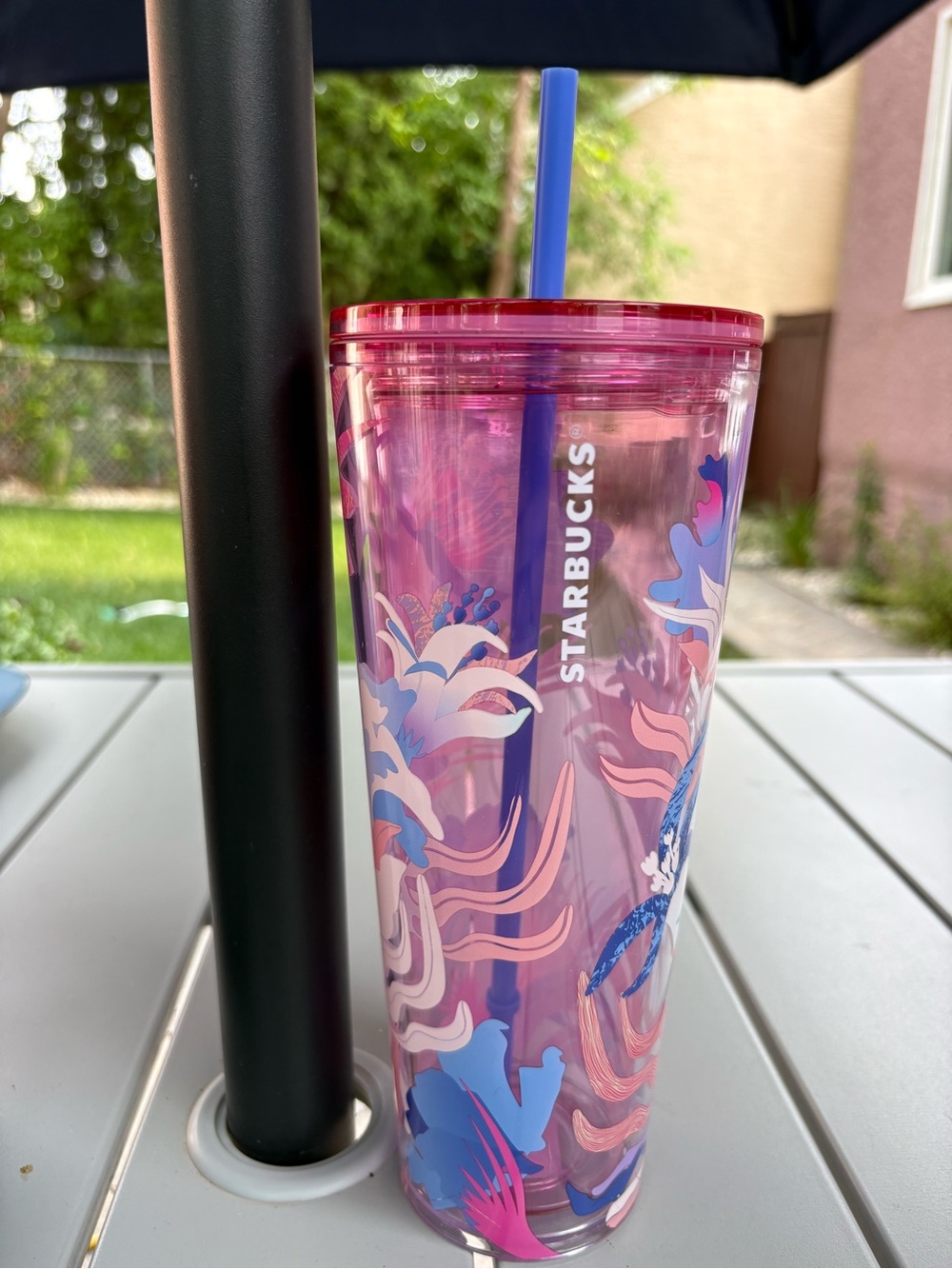 Starbucks Pink Floral Tumbler with Blue Straw